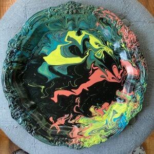 Vintage Rogers silverplate platter vanity serving tray 14” colorful pour paint